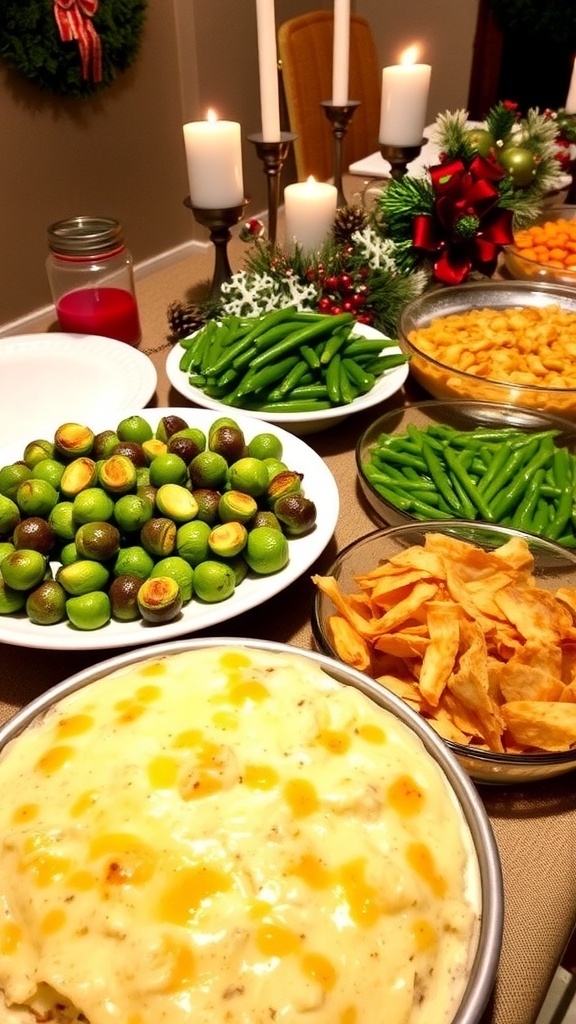 A colorful display of Christmas side dishes including roasted Brussels sprouts, green beans, and cheesy potato casserole on a decorated table.